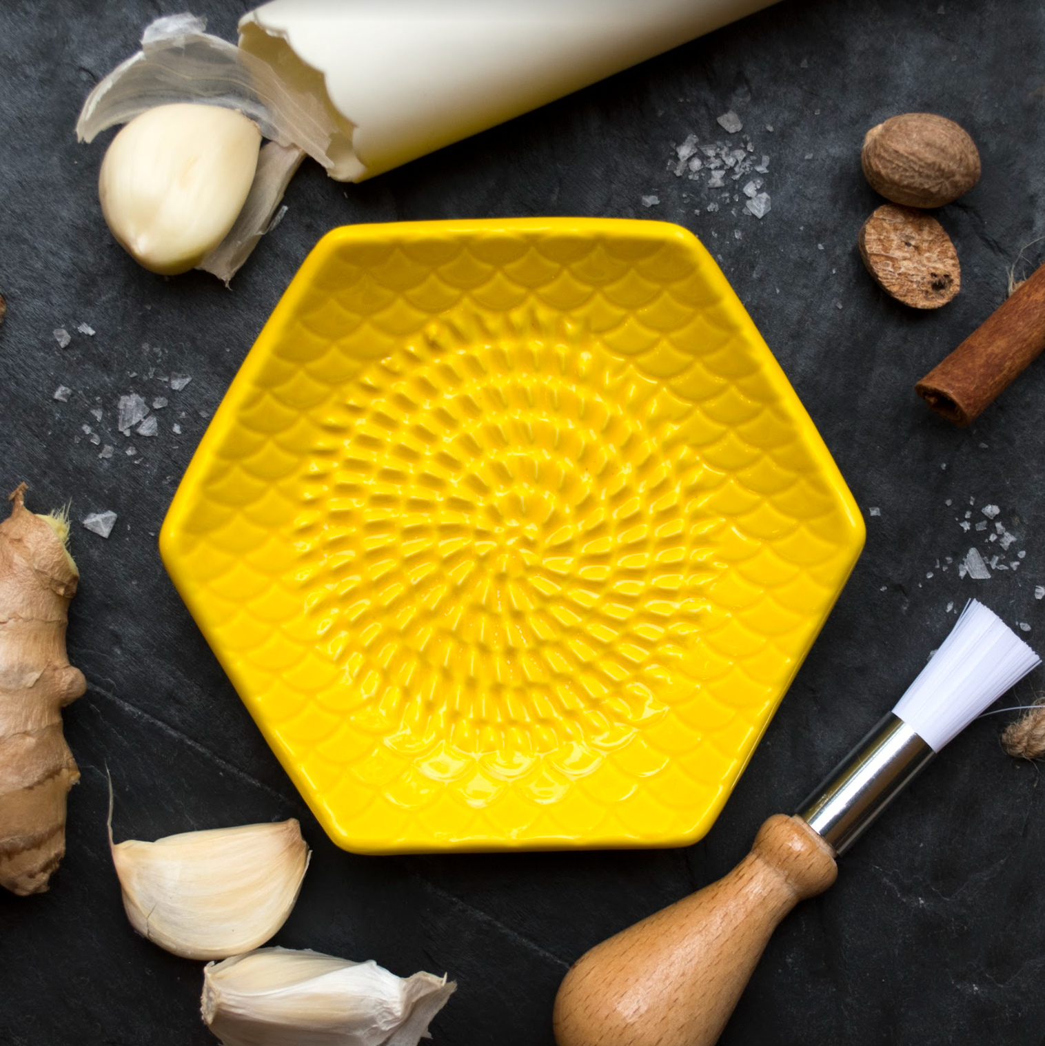 Ceramic Garlic Grater Set  Includes Plate Grater, Peeler and Brush